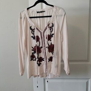 Embroidered Cream Top with Red Floral Design